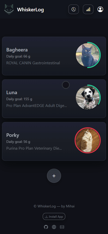 Mobile interface showing quick-feed button for logging meals in two taps
