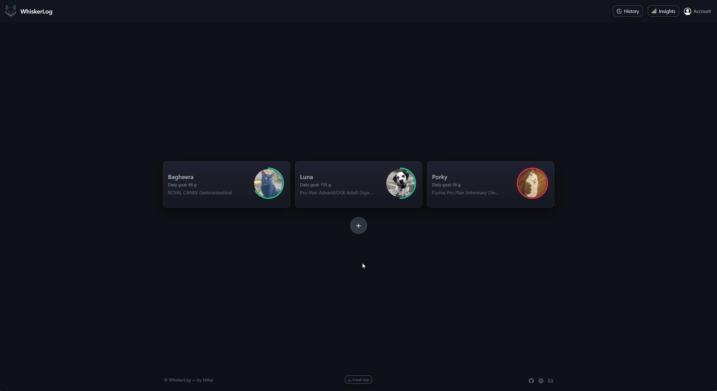 Feeding history page showing chronological list of all logged meals with timestamps and caregiver names