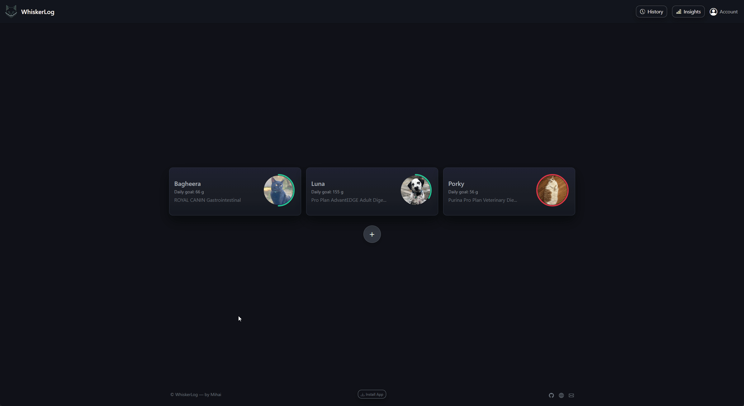 WhiskerLog dashboard showing pet feeding progress with circular gauge and daily goal tracking